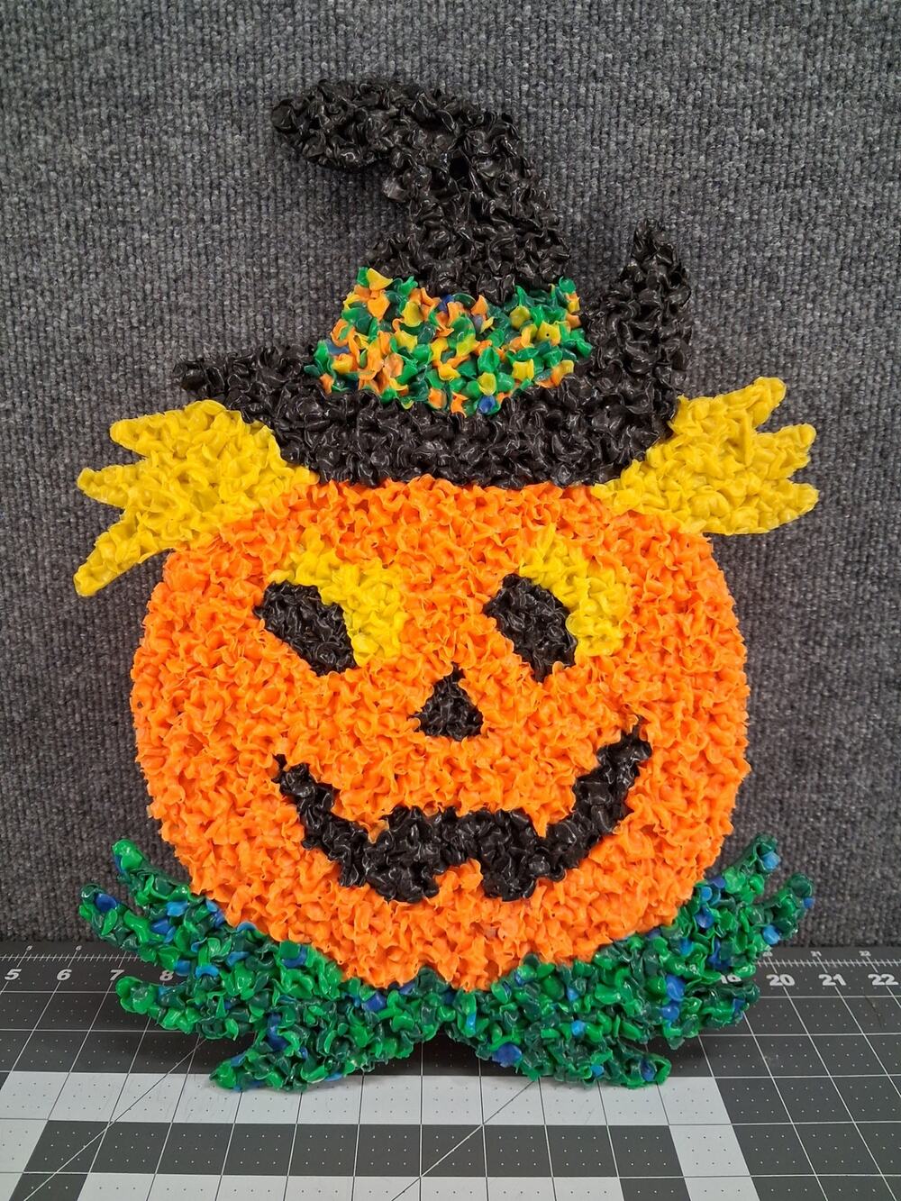 Vintage Melted Plastic Popcorn Halloween Pumpkin Wall Hanging 17 x 12
